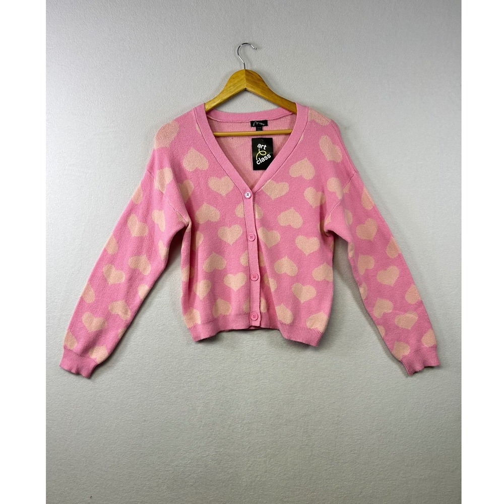 Art Class Pink Heart‎ Print V Neck Button Cardigan Sweater